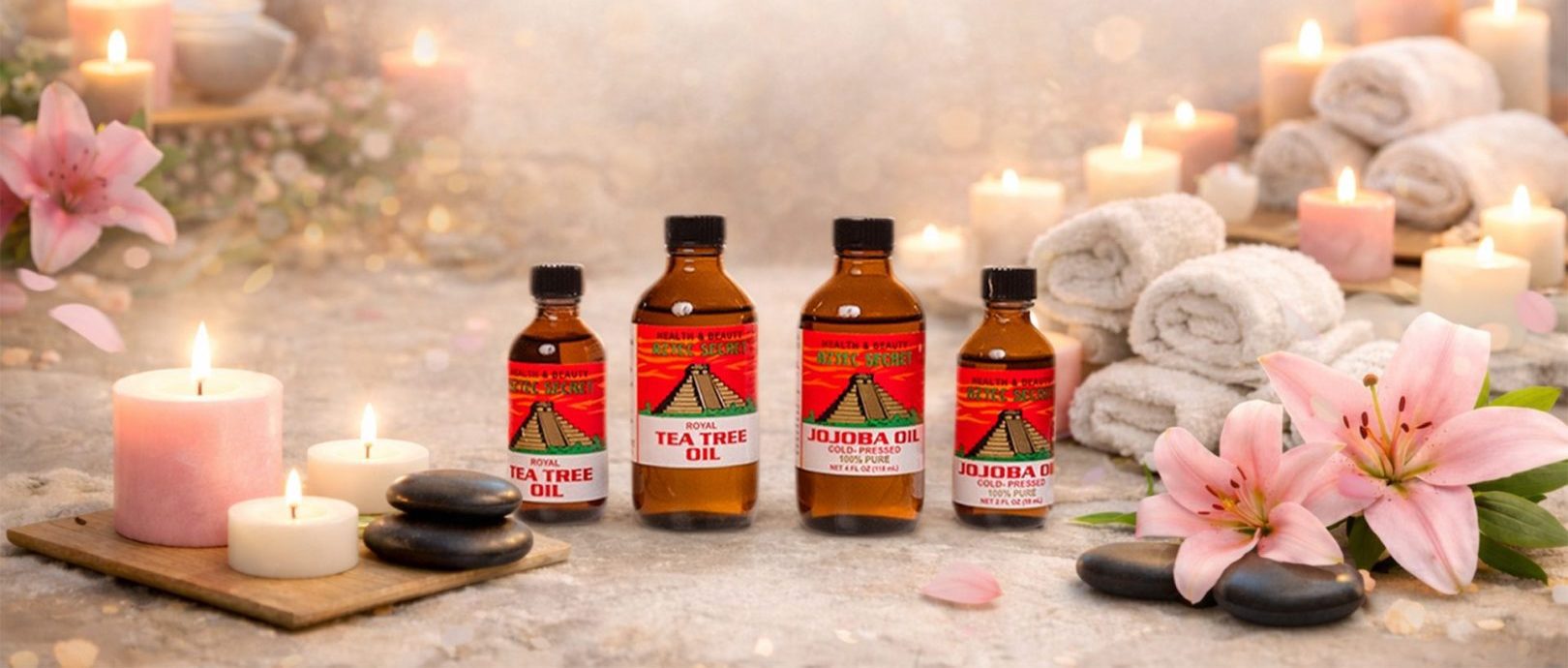 International Women's day promotional imagery with essential oils and spa background images